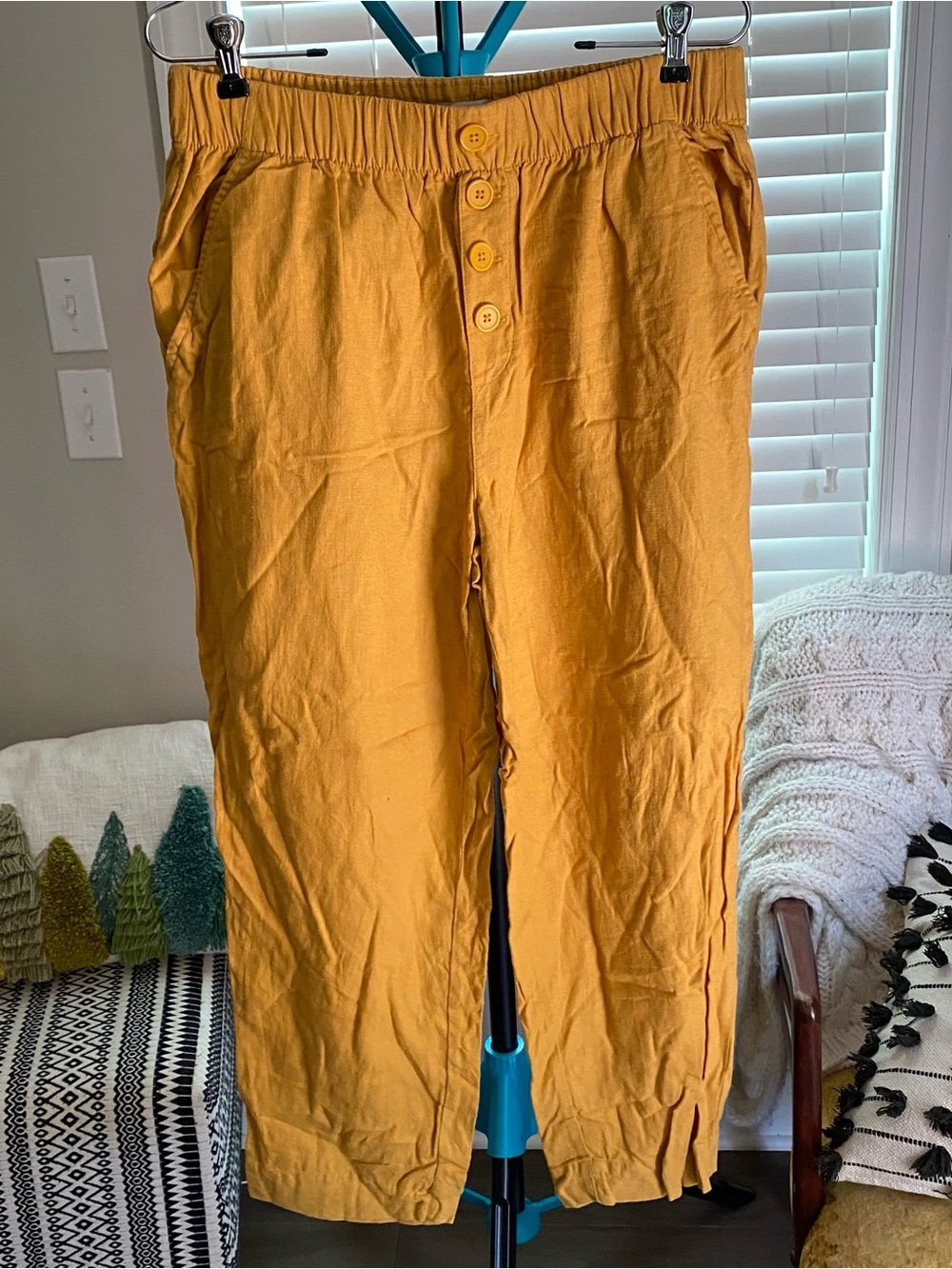 LOFT linen blend Golden Mustard Elastic-Waist Button Pants